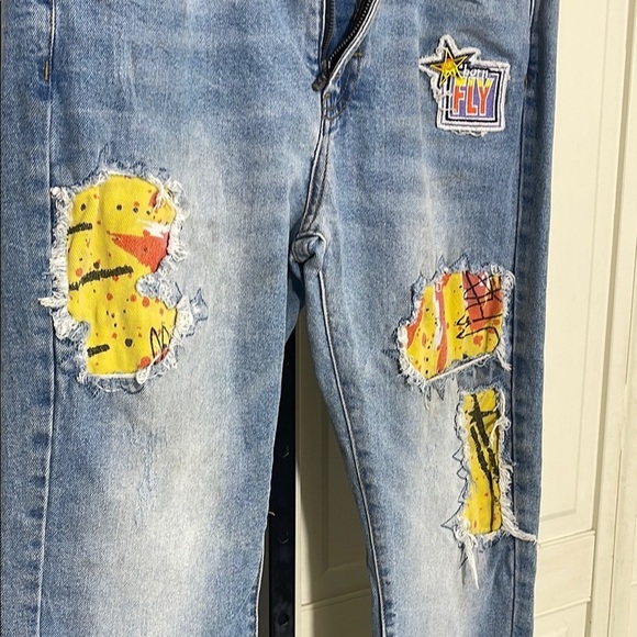 Born Fly Men’s Yellow and Red Art Patchwork Slim Straight Jeans Sz 34 - Picture 5 of 10